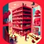 Placeholder: A vertical cross section of a multi-story building showing various rooms and inhabitants, including a person in a red shirt reading at a desk, another person dressed in pink washing clothes, and an elephant in a room with a red wall, with a sky sunny outside