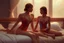 Placeholder: Digital painting of dad and two beautiful young teenage girl in a swimsuit on a bed. eating a banana. with dad, artstation, 8k, extremely detailed, ornate, cinematic lighting, vivid.