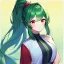 Placeholder: Clear focus, 8k, beautiful lighting, vibrant colors, girl, green hair, long hair, red eyes, ponytail, summer clothes, summer background,