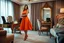 Placeholder: very beautiful lady with beautiful orange midi skirt and blouse standing in a luxury bedroom with high heels next to makeup desk looking to camera