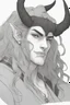 Placeholder: A dnd character portrait, a tiefling man with long hair and two long black horns that curve backwards, white eyes and pale skin. Handsome. Young.