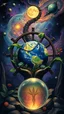 Placeholder: Hieronymus Bosch style nightmares plants in the galaxy , wheel around the plant earth globe, crystal balls