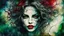 Placeholder: old worn torn, multi-layered cracked canvas, fine detailing with alcohol ink, Captivating realistic painting of a WOMAN, fair face, red lips, splashes of color, HORNS, FANGS, BLOODY TEARS, Multiple exposure, fluffiness, her face is illuminated, her hair merges with swirling fractal vines and tree roots, dark green foliage, symbolizing the unity of strength and wild nature. Flowing hair dissolves into intricate, endless patterns, as if they are protectors and part of the same organic force. Moon