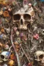 Placeholder: a picture of a dark, comedic, anatomically correct wall of colorful tightly packed skulls of varying sizes and expressions, photo realistic, insanely meticulous, highly detailed, part of a collection of bones on display, 64k, dystopian, vray stained glass