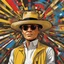 Placeholder: (Without glasses : 1.5) Gustavo Petro, comic style artwork, dark yellow, black, red and blue, with wide-brimmed hat, with white shirt, calm,