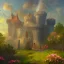 Placeholder:  Castle into sky, with flowers of fire. Green clouds and birds. Shy girl going out of the main gate. Detailed painting, sharp color, medieval, intricate detail, far sceen, realistic colors, medieval concept art. spring.