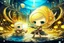 Placeholder: cute blonde chibi princess fighting with an ugly giant monster with a golden laser sabre, golden coin stacks, pond, in sunshine, H.R. Giger, anime, steampunk, surreal, watercolor and black in outlines, golden glitter, ethereal, cinematic postprocessing, bokeh, dof