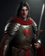 Placeholder: Medieval military captain, weathered face, short black hair, piercing grey eyes. Wearing chainmail armor with royal insignia, red cape. Noble posture, commanding presence. Serious expression. Long sword at his side with royal crest. Realistic fantasy style, dramatic lighting.