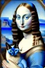 Placeholder: Mona lisa holding Siamese cat with blue eyes in art style of Botticelli artwork Modifiers: highly detailed 8k beautiful colourful matte background Michelangelo acrylic art aesthetically perfect facial features Siamese cat Chocolate point color Blue eyes only Sphynx cat