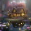 Placeholder: high-quality, fine-detail whimsical magical cottage with a clear, reflective lake, flowers, butterflies, small globes of iridescent light, tranquil, gorgeous, 8k resolution, 3D octane render, intricate, sharp, crisp, digital art, detailed matte, volumetric lighting, George Grie, Anne Dittman, Anne Stokes, Lisa Parker, Selina French, Alphonese Mucha