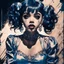 Placeholder: Poster in two gradually, a one side the Singer Melanie Martinez face, full body, sit pose, painting by Yoji Shinkawa, darkblue and sepia tones,sinister, detailed iridescent, metallic, translucent, dramatic lighting, hyper futuristic, digital art, shot with Sony Alpha a9 Il and Sony FE 200-600mm f/5.6-6.3 G OSS lens, natural light, hyper realistic photograph, ultra detailed -ar 3:2 -q 2 -s 750,malevolent goth vampire girl face and other side