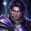 Placeholder: A dark-haired, ruggedly handsome man in his 30s with glowing purple eyes, he wears heavy silver armor with an indigo sash with a star motif. He is a twilight cleric of Selune, wielding a shield and a mace. Close-up portrait, at dawn.