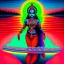 Placeholder: An oil painting of goddess Kali crossing a lake, neon red colors,