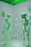 Placeholder: An exhibition of aliens with a white wall and green skeletons for aliens