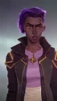 Placeholder: arcane tv show style, league of legends, solo, 1girl, attractive teenager, african, dark skin, dark-brown eyes, black hair, pair buns, (violet strand in forehead bang), necklace, earrings, modern makeup, (detailed skin texture), old leather jacket with violet fur collar, oversized torn t-shirt with half-erased unknown music group logo, You can see through the holes in the t-shirt her acid-green top, dark background, bokeh, cinematic atmosphere