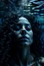 Placeholder: a beautiful woman, long curly black hair,closed eyes,coming from beneath the water,braking the surface with her face just coming out the water,looking up symbolism for breaking free. realistic,8k quality, action close shot from areal view,highly detailed , chaos 80