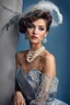 Placeholder: full body beautiful girl, elegant silver,lace clothes of the 80s, luxury style, small elegant hat with feather, hair of the 80s, pearl necklace, earrings masterful, beautiful face,blue backdrop