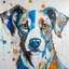 Placeholder: A colorful, abstract painting of a dog with exaggerated features. The dog has large eyes, a patchwork of blue, orange and tan fur, with black outline details giving a scribbled effect. the image is in the middle of a white canvas. The background should be clean and mostly white, with subtle geometric shapes and thin, straight lines that intersect with dotted nodes.The style is expressive and textured, reminiscent of outsider art.