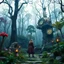 Placeholder: Scene from a modern fantasy live-action movie featuring the "Garden of Practicality", the Clockwork Forest Realm of Ix Chel, Cyberpunk style.