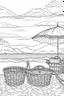 Placeholder: Outline art for coloring page, LARGE SQUARE PICNIC BASKET WITH TWO HANDLES, TALL BEACH UMBRELLA, HAWAII BEACH, VOLCANO ISLANDS IN THE DISTANCE, coloring page, white background, Sketch style, only use outline, clean line art, white background, no shadows, no shading, no color, clear