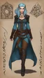 Placeholder: Morgana Avalon, bits of color, Sketch book, hand drawn, dark, gritty, realistic sketch, Rough sketch, mix of bold dark lines and loose lines, bold lines, on paper, turnaround character sheet, female half elf, Full body, arcane symbols, runes, dark theme, flowing partially braided pale blue hair, beautiful, handsome, padded leather clothing embroidered with runes, modest, leather rune embroidered boots