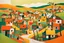 Placeholder: whimsical arafed nonsense, patchwork vibe, acrylic and ink painting of a cozy village main street on undulating hills with color (((minimal))) sketches of village people with (((extremely long limbs))), (((oversize head))), sharp color contrasts, amazing shadows, (((exaggerated limbs and head))), minimal cozy, warm palette, bright bold warm summer green yellow orange black colors, color leak, heavily distorted views, amazing parallels, amazing reflections