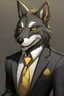 Placeholder: Anthro wolf himbo with black fur and gold eyes wearing a suit