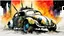 Placeholder: create an abstract, ink wash and watercolor print of a powerful, stripped down, armored, post apocalyptic Volkwagen beetle hot rod with highly detailed features, lost in a horrific industrial wasteland, in the comic book art style of Bill Sienkiewicz, Mike Mignola, and Jean Giraud Moebius , searing lines , forceful strokes, precisely drawn, inked, and colored