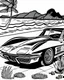 Placeholder: black and white coloring page for kids cartoon style of 1963 corvette convertible set back in front of ocean, center to frame