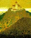 Placeholder: A yellow mountain with a castle in a thunderstorm designed in German folk art painted by Gustav Klimt