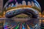 Placeholder: An intricate image using shimmering multicoloured neon lines of Millennium park and the Bean of the city of Chicago by Lake Michigan. Black Background, reflective ripplying water floor.