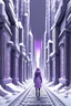 Placeholder: snowy megacity in purple, white, grey, and black perspective of a person from within an alley with arches and towers skyline filled with structures not photorealistic but stylized