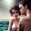 Placeholder: Aaron Carter with sexy Clara Bow, stormy seas, two people, Aaron Carter, romance, romantic, water, swimming, DAZ3D, by Michael Turner, soft lips, cinematic lighting, studio lighting, shine, 4K, fantastic view, girls at beach with her.