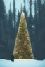 Placeholder: Huge lonely Christmas tree full of lights in a dark snowy forest, warm glow, small human standing next to it, dramatic scène