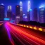 Placeholder: a guy in a futuristic motorbike leaving a futuristic city with neon lights at night, through a super highway, high speed, Looking from behind from a higher view to the highway seeing tall skyscrapers, outer space, vanishing point, super highway, high speed, digital render, digital painting, beeple, noah bradley, cyril roland, ross tran, trending on artstation