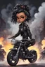 Placeholder: Create a urban art illustration of a chibi cartoon full figure black female riding a sports motorcycle. She is wearing tie dye and black tights with biker boots. Prominent make up with log lashes and hazel eyes. Extremely highly detailed black shiny wavy hair up in a messy bun. Background of smoke surrounding her and the bike and she's at a bike show.