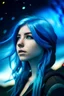 Placeholder: Beautiful woman blue hair viking cosmic galactic stary sky behind aurora borealis