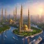 Placeholder: landscape, river, sun, skyscrapers buildings, city, mosque, far view, colorful.