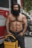 Placeholder: portrait figure photography of a 38 year old beefy burly turkish plumber, wearing his work unbuttoned uniform, bulge, leaning with his back to his van, arms folded and angry look, , hairy chest, big belly, very virile, long black beard, shaved hair, sweat, , in a sunny street, photorealistic