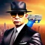 Placeholder:  spray paint art,upper body of pit bull mafia boss with hat, holding up auto-pistol and wearing suit, city streets in background,run for cover, book illustration