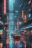 Placeholder: Higtech futuristic city street on a rainy, drizzling evening. The wet pavement reflects the cold light of futuristic neon signs and street lamps and creates a special atmosphere. some cars are parked on the street and some pedestrians are hurrying with futuristic floating umbrellas or transparent protective bubble in the rain on the street.