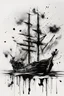 Placeholder: A abstract line drawing with brushstrokes and ink splatters of Deftones black ink on white background pirate boat