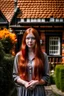 Placeholder: Full body and headshot of a slim young woman with long straight red hair, standing in front of a row of cottages and shops with thatched roofs