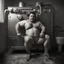 Placeholder: full figure shot photography, ugly turkish chubby plumber repairs boiler, burly, shirtless, hairy allover, manly chest, muscular big beefy 40 years old, dressed in boxer, big thighs, seen from below, frontal view, ambient occlusion, side light