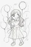 Placeholder: A round-faced little girl happily holding a bunch of colorful balloons. Circles can be used to depict the balloons, her eyes, and the sun in the background. very happy , Colloring page for todlliers ; basic hawali style cartoon , black and white , ink outlines , , smooth , anime style , minimalist , cute eyes , full body , white shose , sketchbook , realistic sketch , free lines , on paper , character sheet , clean line art high detailed