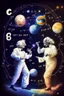 Placeholder: Albert Einstein and Richard Feynman playing with numbers & atoms in outerspace with planets, cosmic gas, stars, moons, and comets dancing around them