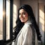 Placeholder: Hyper Realistic Photographic View Of A Gorgeous Pashto Young Woman (Wearing Long White Coat With Black Dress With Black Embroidery & Wearing Plain White Dupatta On Her Neck) Happily Standing & Smiling In Her Office Room With Her Beautiful Long Black Hair With Sun Rays Coming From A Fancy Window At Her Back, With A Little View From Outside WIndow Showing Dramatic & Cinematic Ambiance.