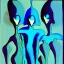 Placeholder: French surrealism animation art from 1970s, illustration of large blue alienoid creatures, mesmerizing, hallucinogenic tones, strange, creepy cutout style of animation of phantamosgoric giant blue alien with red eyes, Czech animation tradition, art by Roland Toper, Dali-esc environment, trance-like, Fantastic Planet aliens