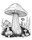 Placeholder: mushroom world with snail on 1 mushroom minimalistic landscape. line art, background, vector, svg, coloring book page style, black outline on white background