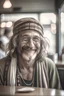 Placeholder: As you enter the coffee shop, you notice an enigmatic figure, a hippie in his 40s with wise eyes and a knowing smile. Describe the encounter and capture the essence of the profound life lessons he imparts. soft focus lens